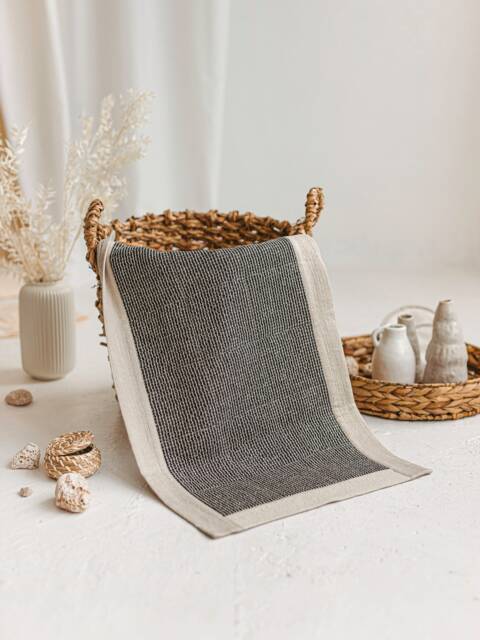 Linen Bathroom Rug Handmade Farmhouse Cotton Black Washable Natural Easy Dry Bath Mat Square Country House - image 1