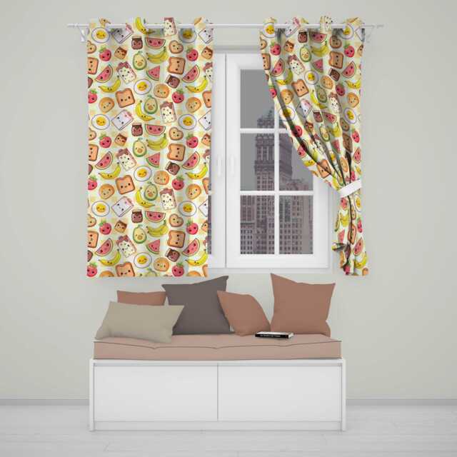 Cute Kawaii Breakfast Food Seamless Pattern Yellow Background Fun Snacks Readymade Eyelet Ring Top Thermal 100% Blackout Curtains - image 1