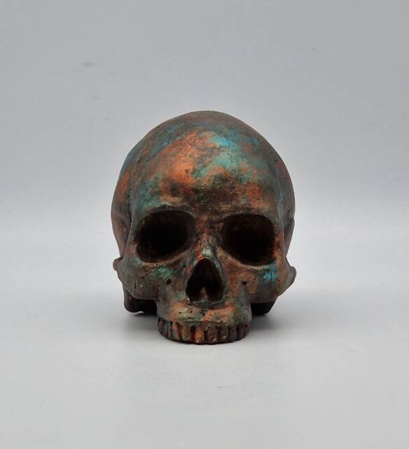 Solid Copper Patina Mini Human Skull Ornament. Small Replica Plaster Of Paris Skull - image 1
