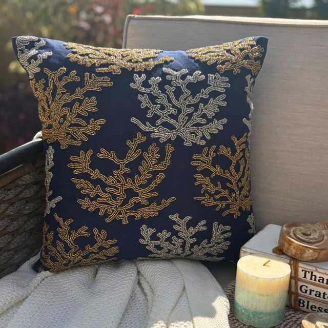 Navy Blue Beaded Sea Creature Pillow Sham, Cotton Linen Beach Euro Sham - Weeds Swim - image 1