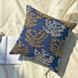 Navy Blue Beaded Sea Creature Pillow Sham, Cotton Linen Beach Euro Sham - Weeds Swim - thumbnail 3