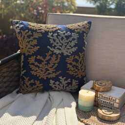Navy Blue Beaded Sea Creature Pillow Sham, Cotton Linen Beach Euro Sham - Weeds Swim - thumbnail 2