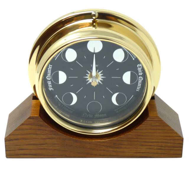 Prestige Brass Moon Phase Clock With A Jet Black Dial Mounted On Solid English Oak Mantel/Display Mount - image 1