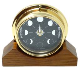 Prestige Brass Moon Phase Clock With A Jet Black Dial Mounted On Solid English Oak Mantel/Display Mount