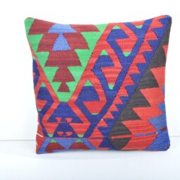 Kilim Pillow Cover, Wool Throw Pillow, Anatolian Design - 16x16 - thumbnail 2