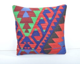 Kilim Pillow Cover, Wool Throw Pillow, Anatolian Design - 16x16 - thumbnail 1