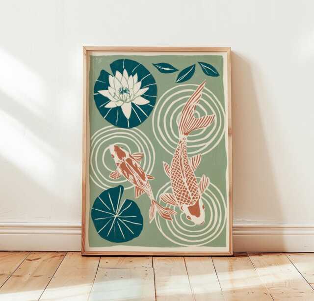 Koi Fish Poster, Water Lily Pond Print, Japanese Wall Art - image 1