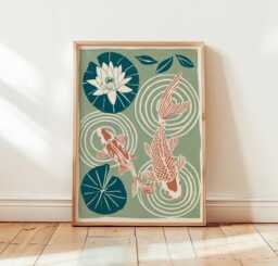 Koi Fish Poster, Water Lily Pond Print, Japanese Wall Art - thumbnail 1