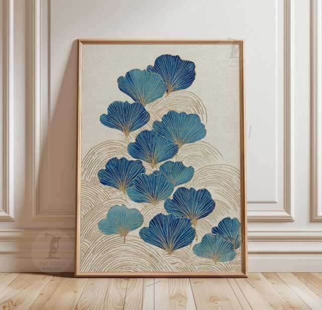 Blue Botanical Poster Print - Japanese Ginkgo Leaf Wall Art Teal Nature Illustration - image 1