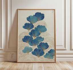 Blue Botanical Poster Print - Japanese Ginkgo Leaf Wall Art Teal Nature Illustration - thumbnail 1