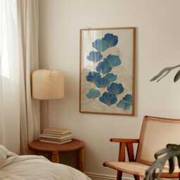 Blue Botanical Poster Print - Japanese Ginkgo Leaf Wall Art Teal Nature Illustration - thumbnail 2