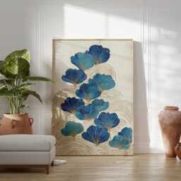 Blue Botanical Poster Print - Japanese Ginkgo Leaf Wall Art Teal Nature Illustration - thumbnail 3