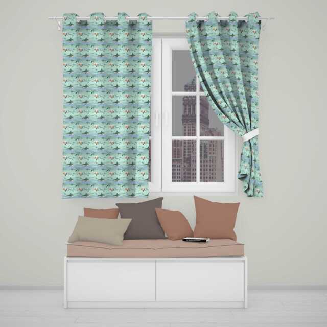 Cartoon Sharks Blue Ocean Seamless Pattern Readymade Eyelet Ring Top Thermal 100% Blackout Curtains - image 1