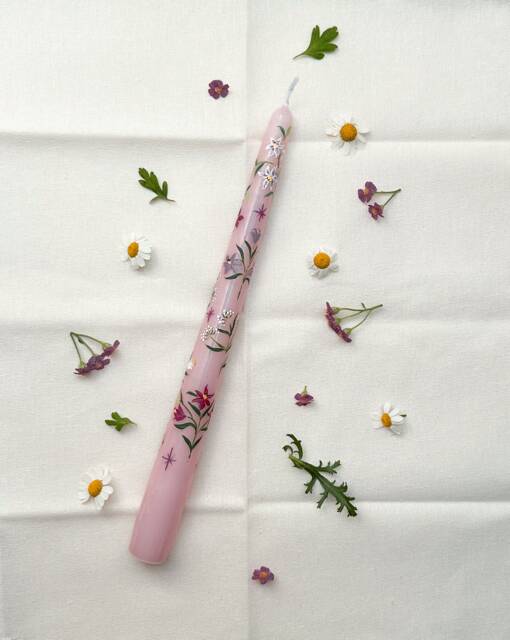 Hand Painted Wedding Dinner Candle - Pink Lillies White - image 1