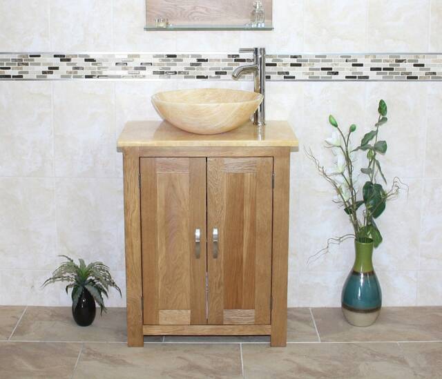 Solid Oak Bathroom Vanity Cabinet Golden Onyx Top & Basin - image 1