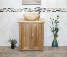 Solid Oak Bathroom Vanity Cabinet Golden Onyx Top & Basin - thumbnail 1