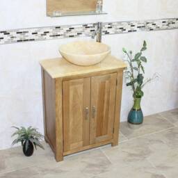 Solid Oak Bathroom Vanity Cabinet Golden Onyx Top & Basin - thumbnail 2