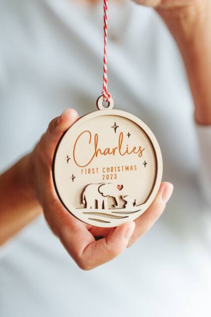 Babys First Christmas 2025. Mama Elephant & Cub Wooden Bauble. Gifts For New Mom Mum - image 1