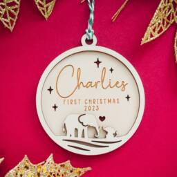 Babys First Christmas 2025. Mama Elephant & Cub Wooden Bauble. Gifts For New Mom Mum - thumbnail 3