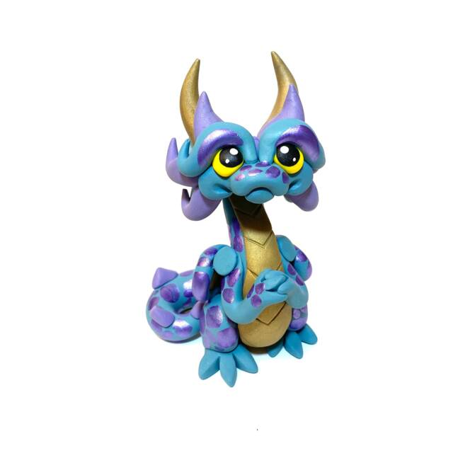 Gypsum - Polymer Dragon Dice Holder Muted Teal, Gold, & Purple Dragonling Clay Figurine - image 1