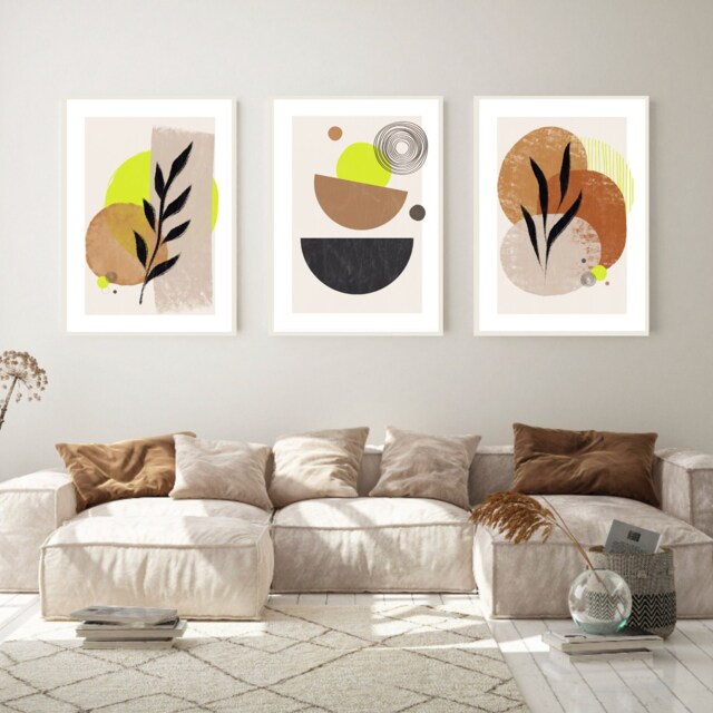 Boho Abstract Wall Prints, Set Of 3 Living Room Modern Art, Home Decor, Lime Green Contemporary - image 1