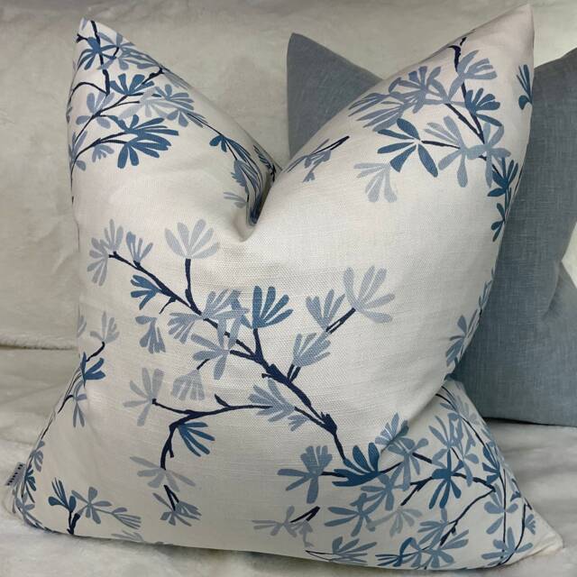 Blue Pillow Cover, Jasmine Trail Leaves Cushion - White John Lewis & Partners Fabric, Worldwide Shipping - image 1