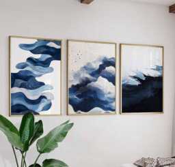 Abstract Blue Waves Wall Art, Ocean-Inspired Prints, Modern Minimalist Art - thumbnail 1