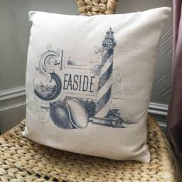 Beach Seaside Summer Nautical Theme Cushion Cover - Lighthouse Illustration Caravan, Camper, Home Hut Decor 40cm 16 Inches - thumbnail 2
