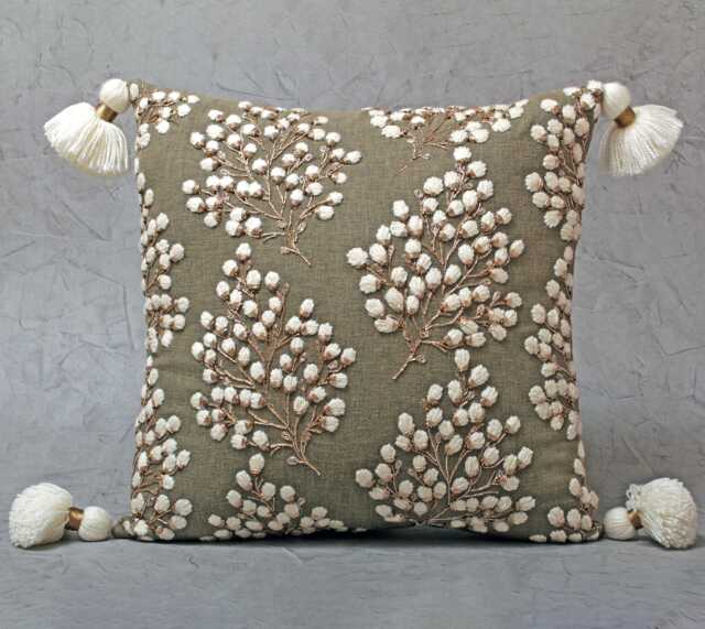 Hand Embroidered Throw Pillow Cover Sap Green Cotton With Gold Floral Embroidery - Bmcc304 - image 1