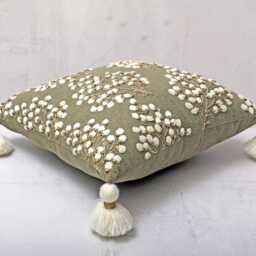 Hand Embroidered Throw Pillow Cover Sap Green Cotton With Gold Floral Embroidery - Bmcc304 - thumbnail 3