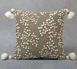 Hand Embroidered Throw Pillow Cover Sap Green Cotton With Gold Floral Embroidery - Bmcc304