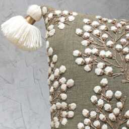 Hand Embroidered Throw Pillow Cover Sap Green Cotton With Gold Floral Embroidery - Bmcc304 - thumbnail 2