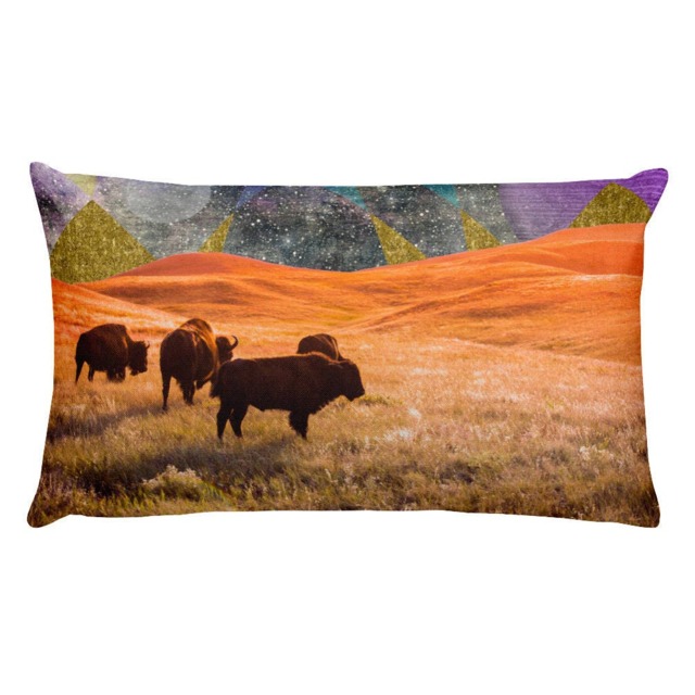 Surreal Bison Lumbar Pillow, Psychedelic Space Collage Art - image 1