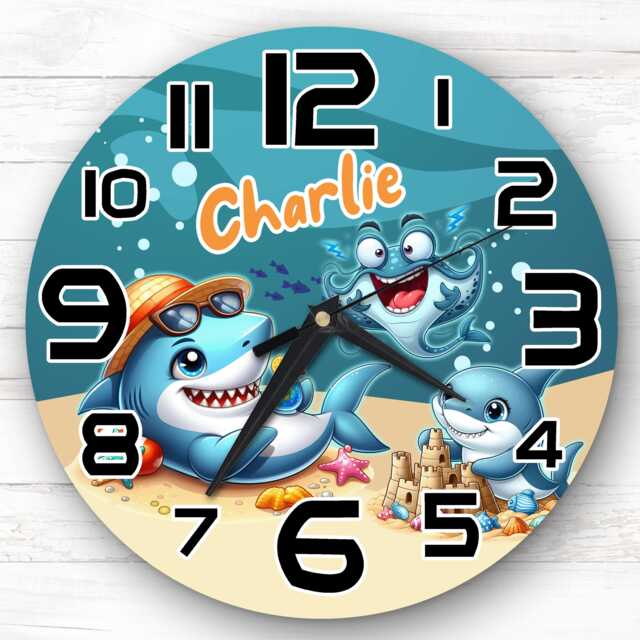 Sharks Sealife Personalised Gift For Kid's Bedroom Clock - Kids Clock, Children's Decor, Custom Wall - image 1