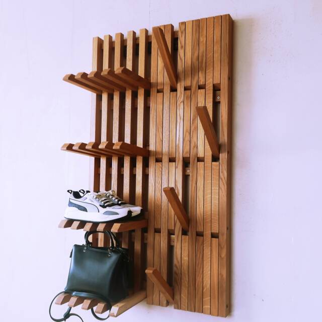 Wall Mounted Organizer - For Shoes & Clothes. Coat Rack. Natural Oak - image 1