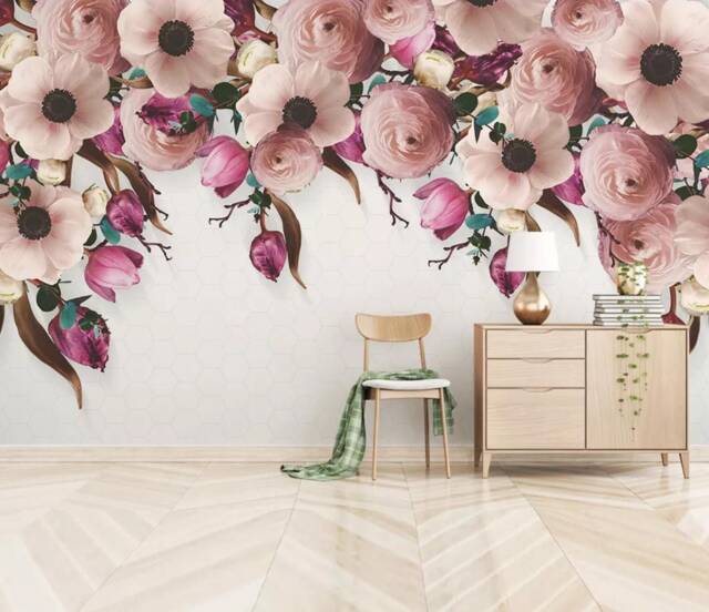Pink Floral Wall Mural, Watercolor Flowers, Peel & Stick Wallpaper - image 1