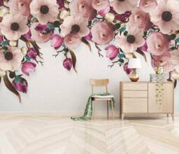 Pink Floral Wall Mural, Watercolor Flowers, Peel & Stick Wallpaper - thumbnail 1