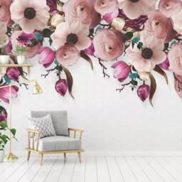 Pink Floral Wall Mural, Watercolor Flowers, Peel & Stick Wallpaper - thumbnail 2