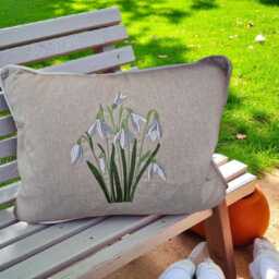 Snowdrops Embroidered Linen Cushion, Handmade, Zipped 40x50 cms, C/W Piping Trim, Feather Inner Pad, Country Home Decor, Scatter Cushion - thumbnail 1