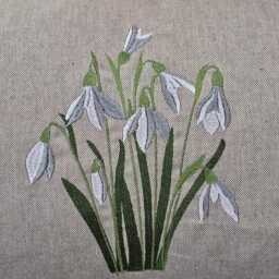 Snowdrops Embroidered Linen Cushion, Handmade, Zipped 40x50 cms, C/W Piping Trim, Feather Inner Pad, Country Home Decor, Scatter Cushion - thumbnail 2
