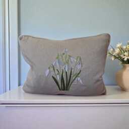 Snowdrops Embroidered Linen Cushion, Handmade, Zipped 40x50 cms, C/W Piping Trim, Feather Inner Pad, Country Home Decor, Scatter Cushion - thumbnail 4