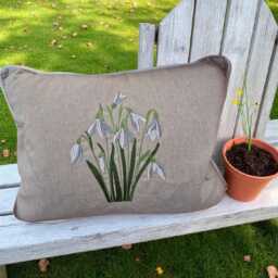 Snowdrops Embroidered Linen Cushion, Handmade, Zipped 40x50 cms, C/W Piping Trim, Feather Inner Pad, Country Home Decor, Scatter Cushion - thumbnail 3