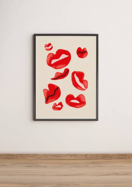 Red Lips Unframed Print - Abstract Art Groovy Retro Prints Funky Wonky Quirky - image 1