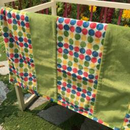 Handmade Modern Baby Minky Blanket Green, Yellow, Red & Blue Polka Dot Retro - thumbnail 4
