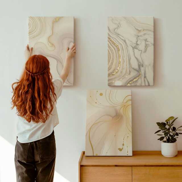 Canvas Art Set Of 3 - Subtle Patterns Spilled Paint, Creamy Photo Print, Abstract Wall Decor - image 1