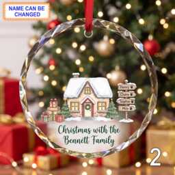 Christmas With The Family Glass Ornament, Personalized House Keepsake, Custom Names Gift Snowy Cottage & Evergreen Branches - thumbnail 2