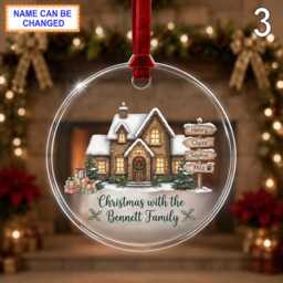 Christmas With The Family Glass Ornament, Personalized House Keepsake, Custom Names Gift Snowy Cottage & Evergreen Branches - thumbnail 3
