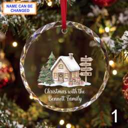 Christmas With The Family Glass Ornament, Personalized House Keepsake, Custom Names Gift Snowy Cottage & Evergreen Branches