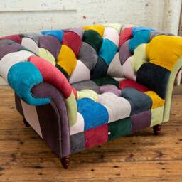 Unique British Handmade 1.5 Seater Patchwork Chesterfield Armchair Snuggle - Multicolour Textured Velvet - thumbnail 2