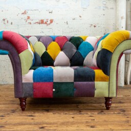 Unique British Handmade 1.5 Seater Patchwork Chesterfield Armchair Snuggle - Multicolour Textured Velvet - thumbnail 3